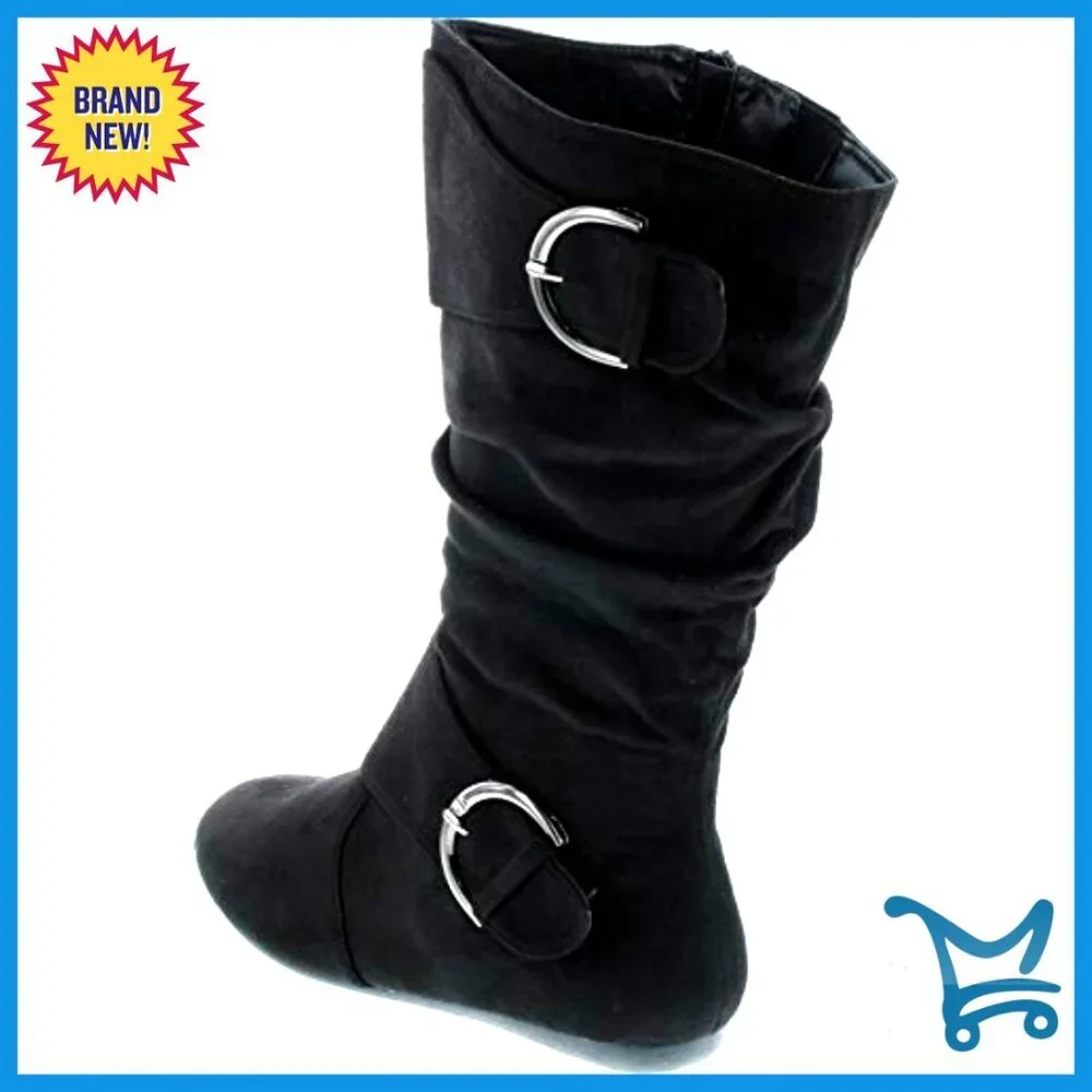 Slouch Mid-Calf Boots with Buckle Closure, Slip-On Zip, Non-Skid Sole